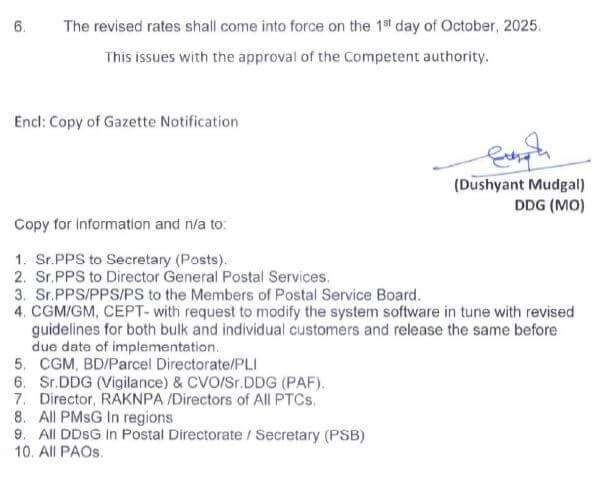 Inland Speed Post Document Tariff Revision order page 2